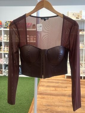 Fashion Nova Brown Faux Leather Long Sleeve Bustier Top